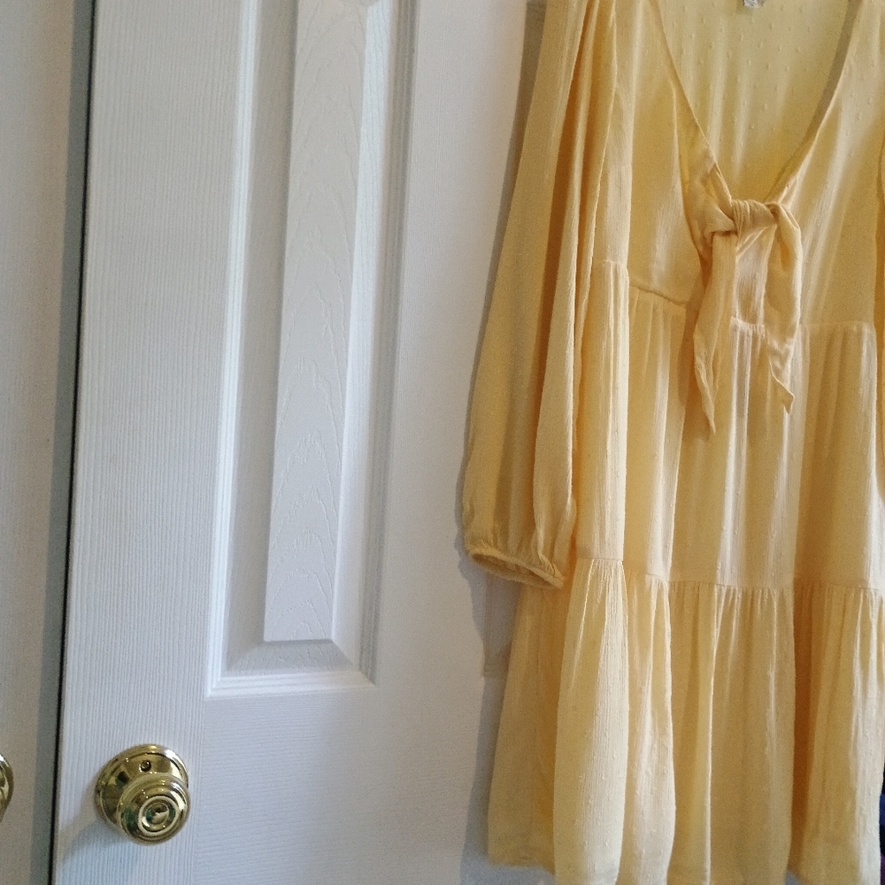American Eagle Butter Yellow Gauze Mini‎ Dress Small Tiered Lined Boho... - Picture 6 of 11